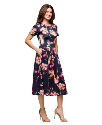 Women's Navy Floral Short Sleeve Pleated Flare Midi Pocket Dress