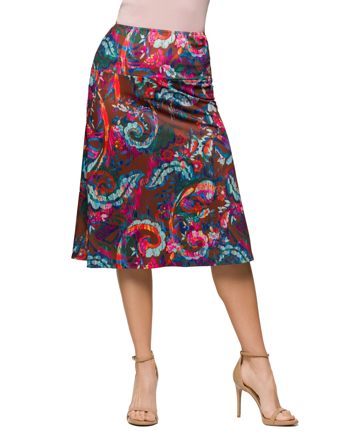 Women's Comfortable Elastic Waist Knee Length Skirt - Brown Mult