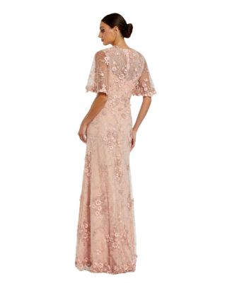 Women's Flutter Sleeve Floral Embroidered Net Gown