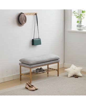 Upholstered End of Bed Bench with Storage Shelf and Shoe Rack Ottoman for Entryway or Bedroom