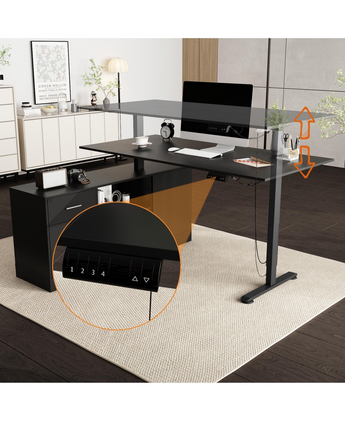 63 in. Width L-Shape Black Wooden 3-Drawer Computer Desk with Adjustable Height, Open Shelves & A Door Storage Cabinet
