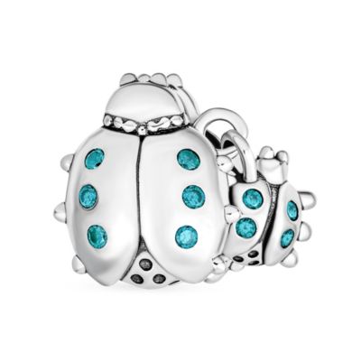 Set of 2 Insect Garden Ladybugs Red CZ Dangle Charm Bead Enamel Sterling Silver