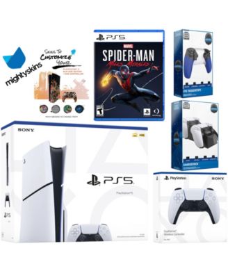 Playstation 5 Slim Disc Bundle with Spider-Man: Miles Morales, Extra Gray Camo Controller, Trigger Stop Kit, Dual Charge Dock and MightySkins Dec