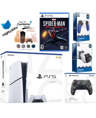 Playstation 5 Slim Disc Bundle with Spider-Man: Miles Morales, Extra Gray Camo Controller, Trigger Stop Kit, Dual Charge Dock and MightySkins Dec
