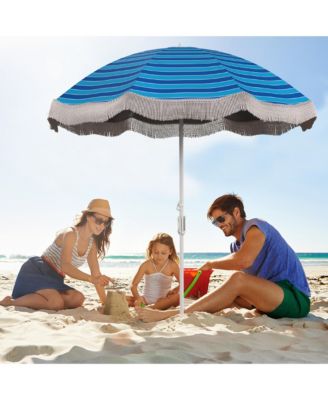 6.5 FT Beach Umbrella w/ Fringe Tassel Umbrella w/ Push Button Tilt Sand Anchor
