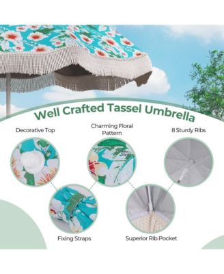 6.5 FT Beach Umbrella w/ Fringe Tassel Umbrella w/ Push Button Tilt Sand Anchor