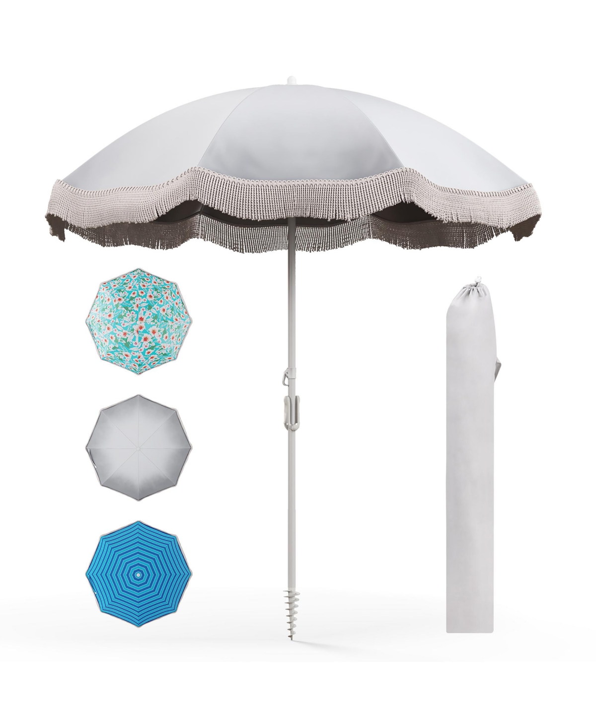 6.5 Ft Beach Umbrella w/ Fringe Tassel Umbrella w/ Push Button Tilt Sand Anchor - White