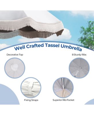6.5 FT Beach Umbrella w/ Fringe Tassel Umbrella w/ Push Button Tilt Sand Anchor