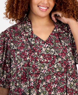 Plus Size Printed Tie-Neck Short-Puff-Sleeve Blouse 