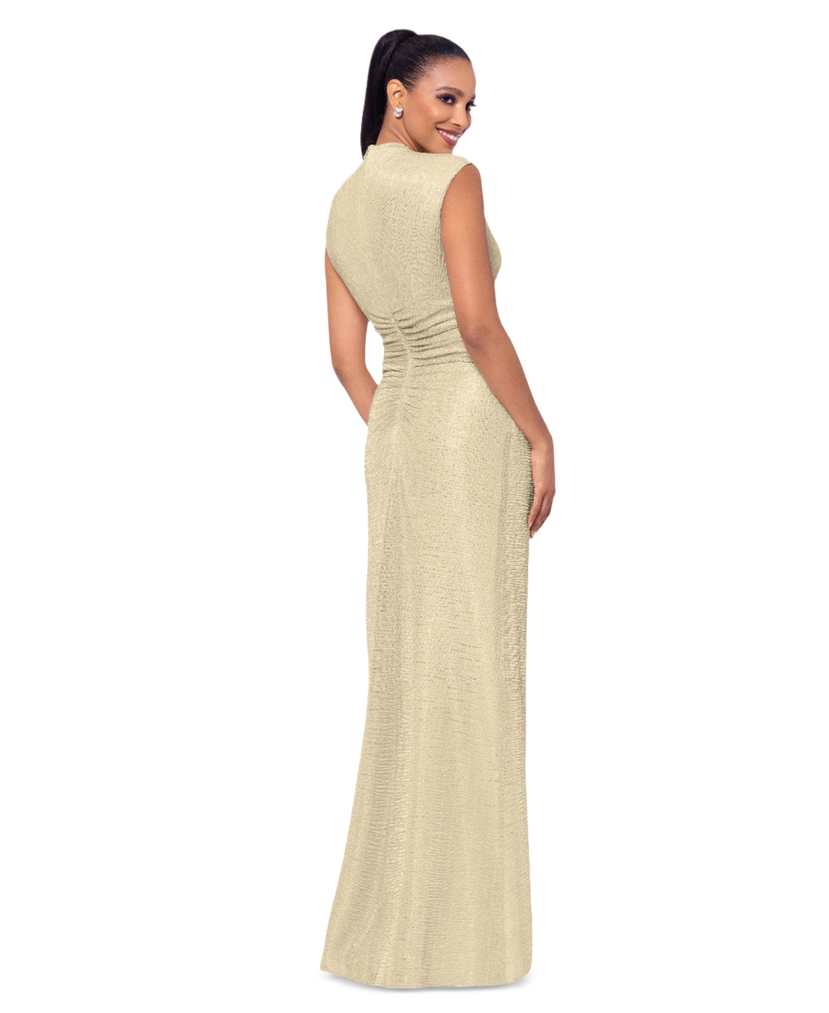 BETSY & ADAM PETITE RUCHED METALLIC CRINKLE GOWN 