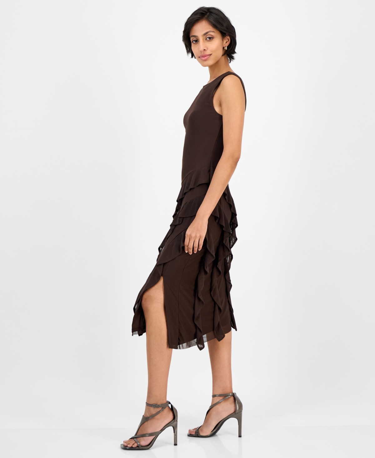 Topson Downs Tinsel Women's Round-neck Printed Asymmetric-ruffle Dress