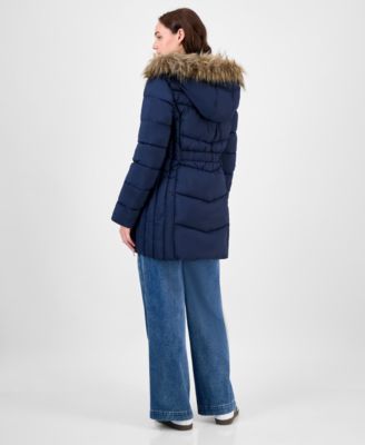 Juniors' Faux-Fur Hooded Bibbed Puffer Coat
