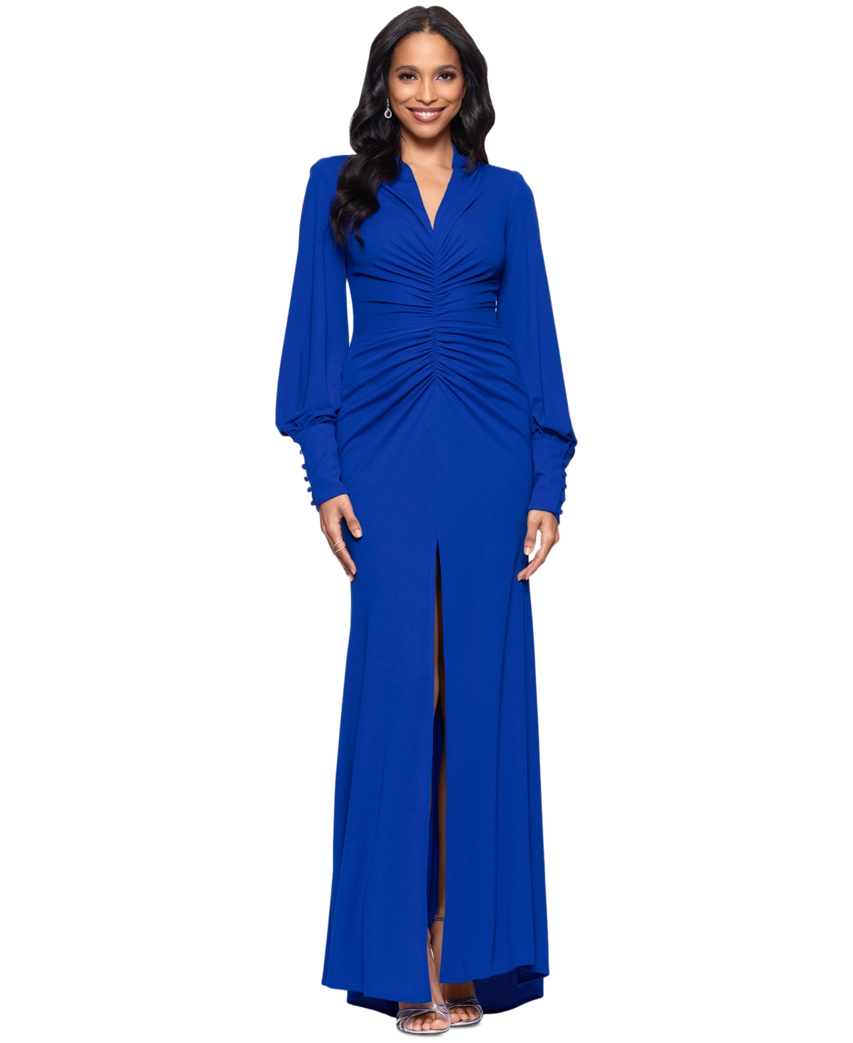 BETSY & ADAM PETITE LONG-SLEEVE RUCHED GOWN 