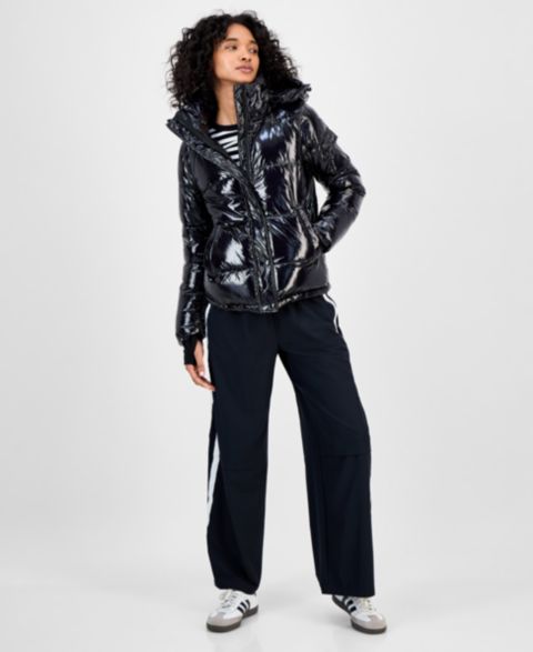 Женские куртки S13 Ella Hooded Thumbhole-Cuff Shine Puffer Coat