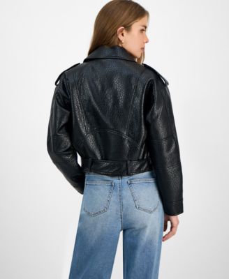 Juniors' Faux-Leather Belted Jacket