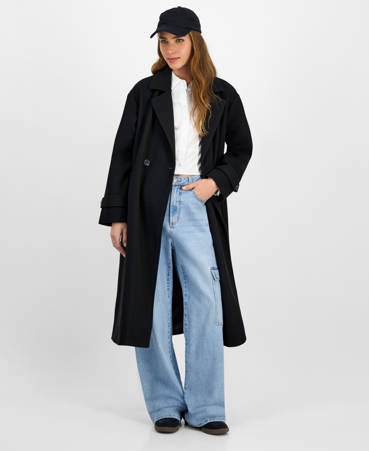 Jou Jou Juniors' Double-breasted Maxi Coat In Black