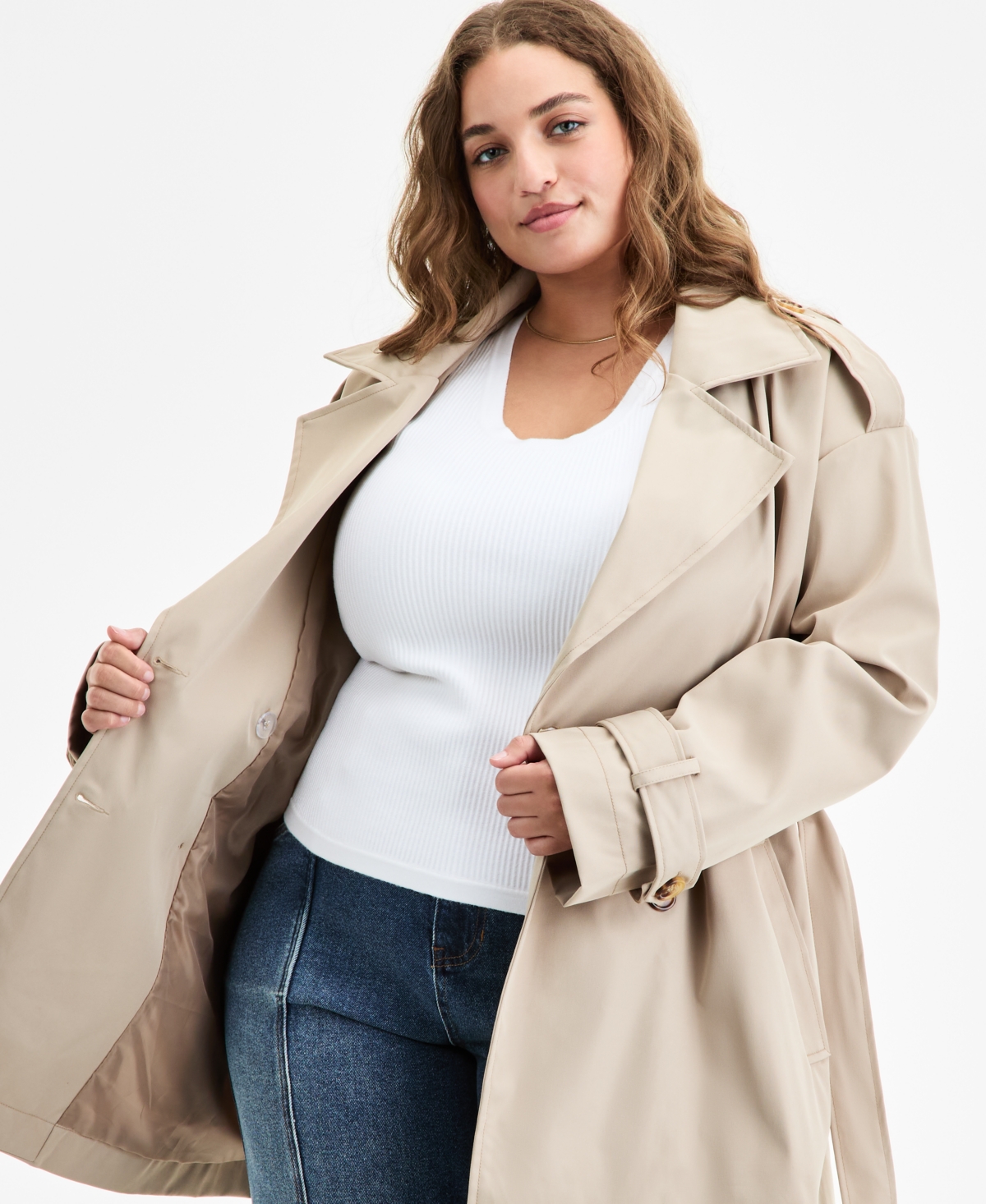 Jou Jou Trendy Plus Size Double-breasted Belted Trench Coat In Neutral