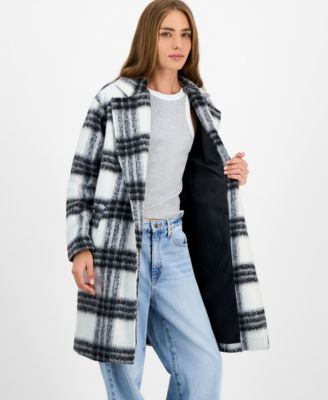 Juniors' Button-Front Plaid Coat