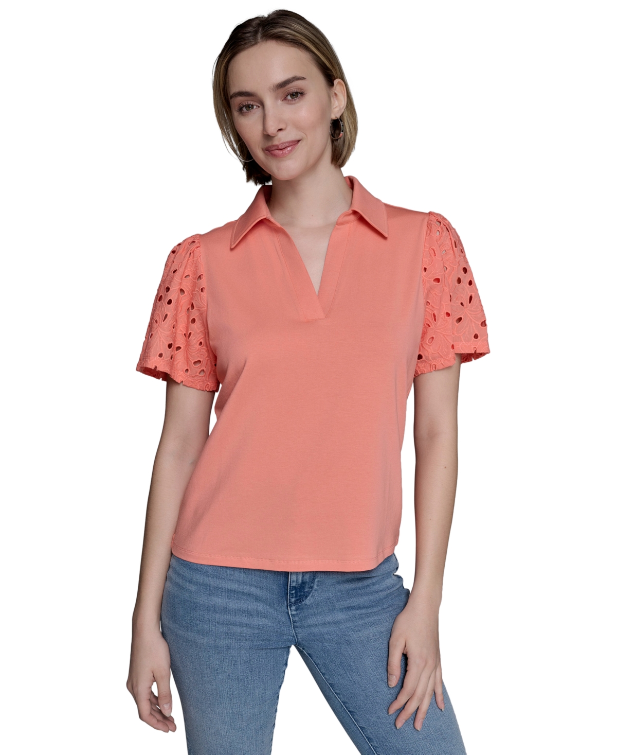Karl Lagerfeld Women's Mixed-media Eyelet Knit Top In Pink