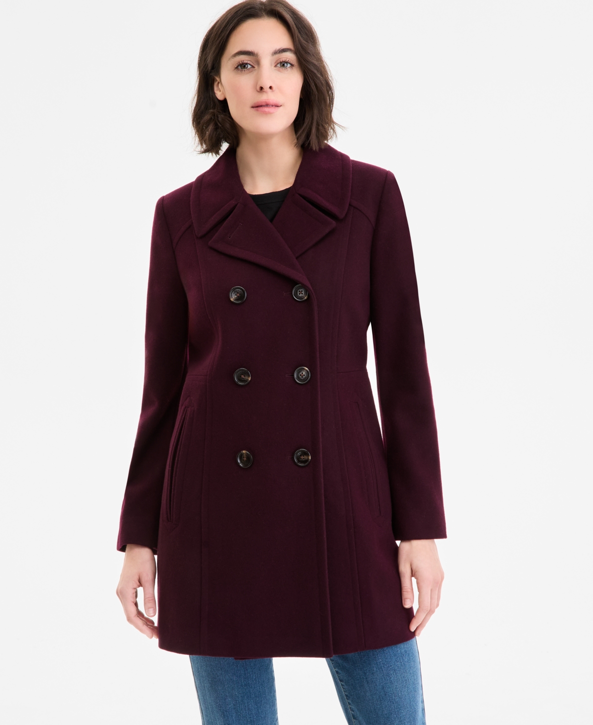 Anne Klein Women's Double-breasted Peacoat, Exclusively At Macy's In Burgundy