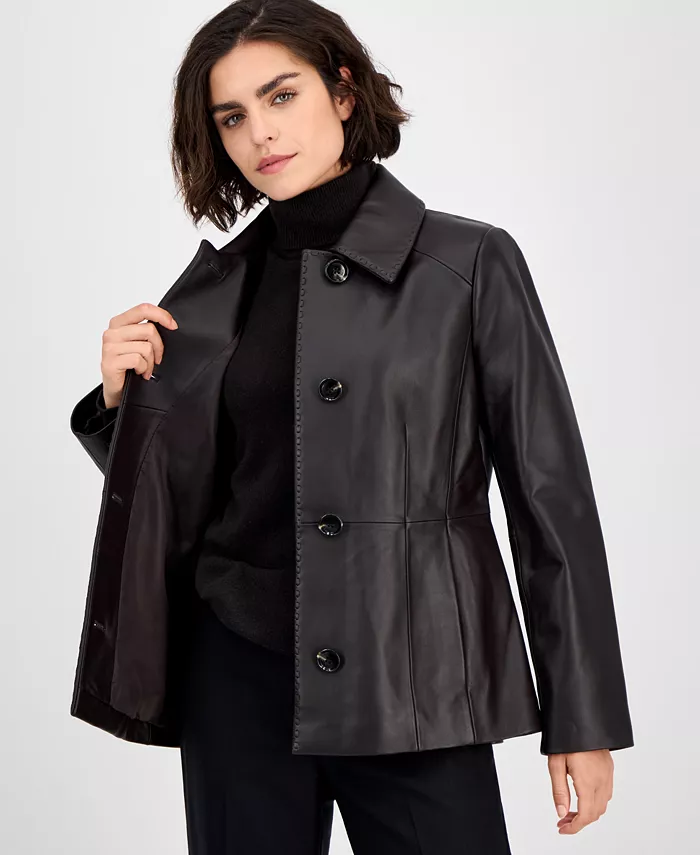 Women's Single-Breasted Leather Coat - thumbnail 5