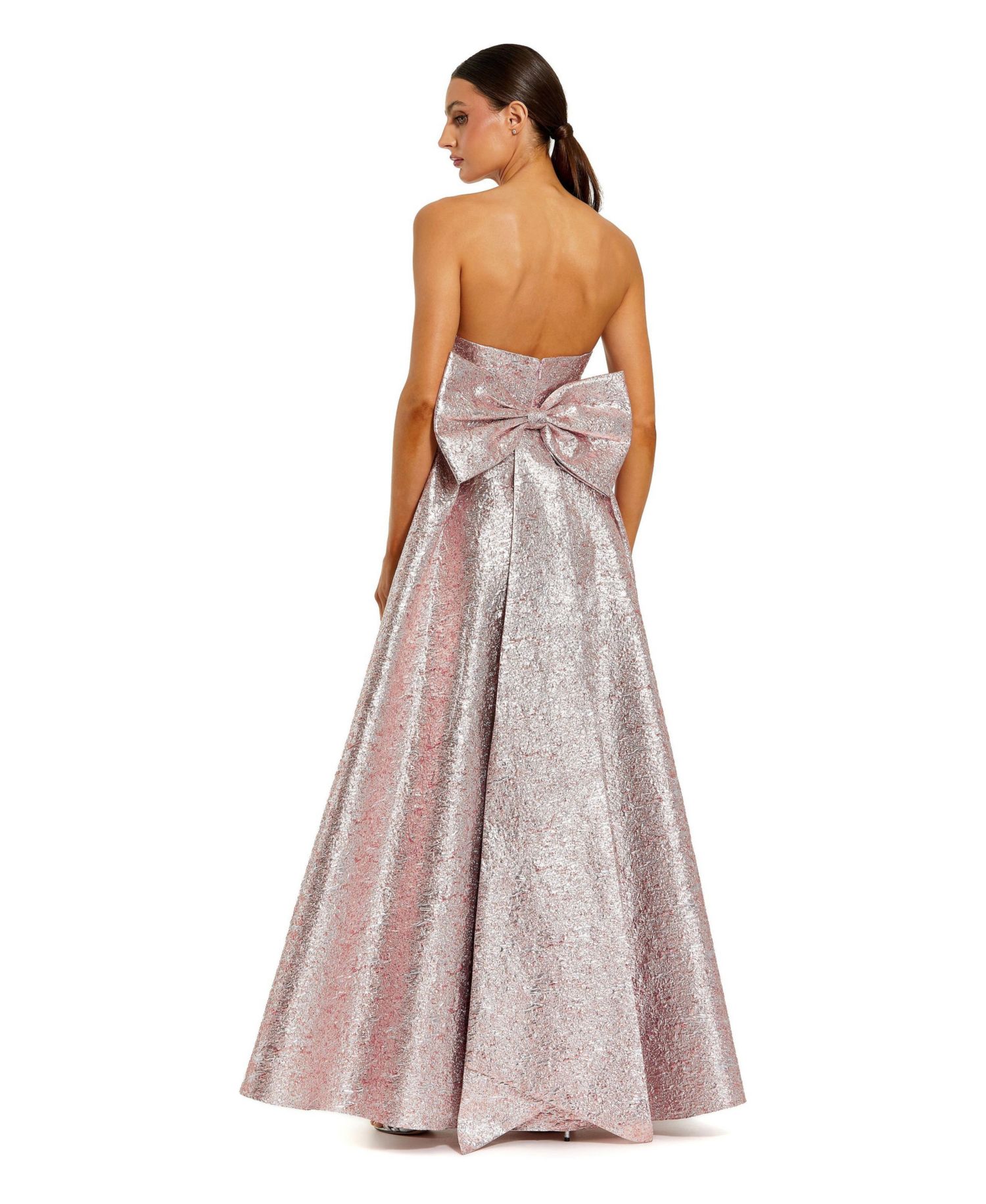 Women's Metallic Strapless Brocade Gown With Oversized Bow