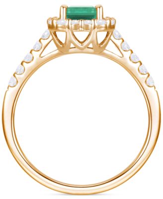 Emerald (1 ct. t.w.) & Diamond (3/8 ct. t.w.) Round & Baguette Halo Ring in 14k Gold (Also in Ruby & Sapphire)