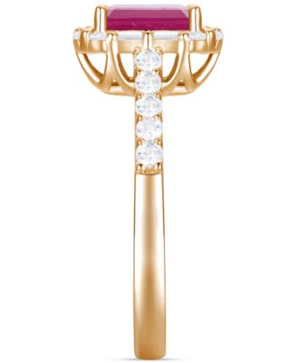 Emerald (1 ct. t.w.) & Diamond (3/8 ct. t.w.) Round & Baguette Halo Ring in 14k Gold (Also in Ruby & Sapphire)