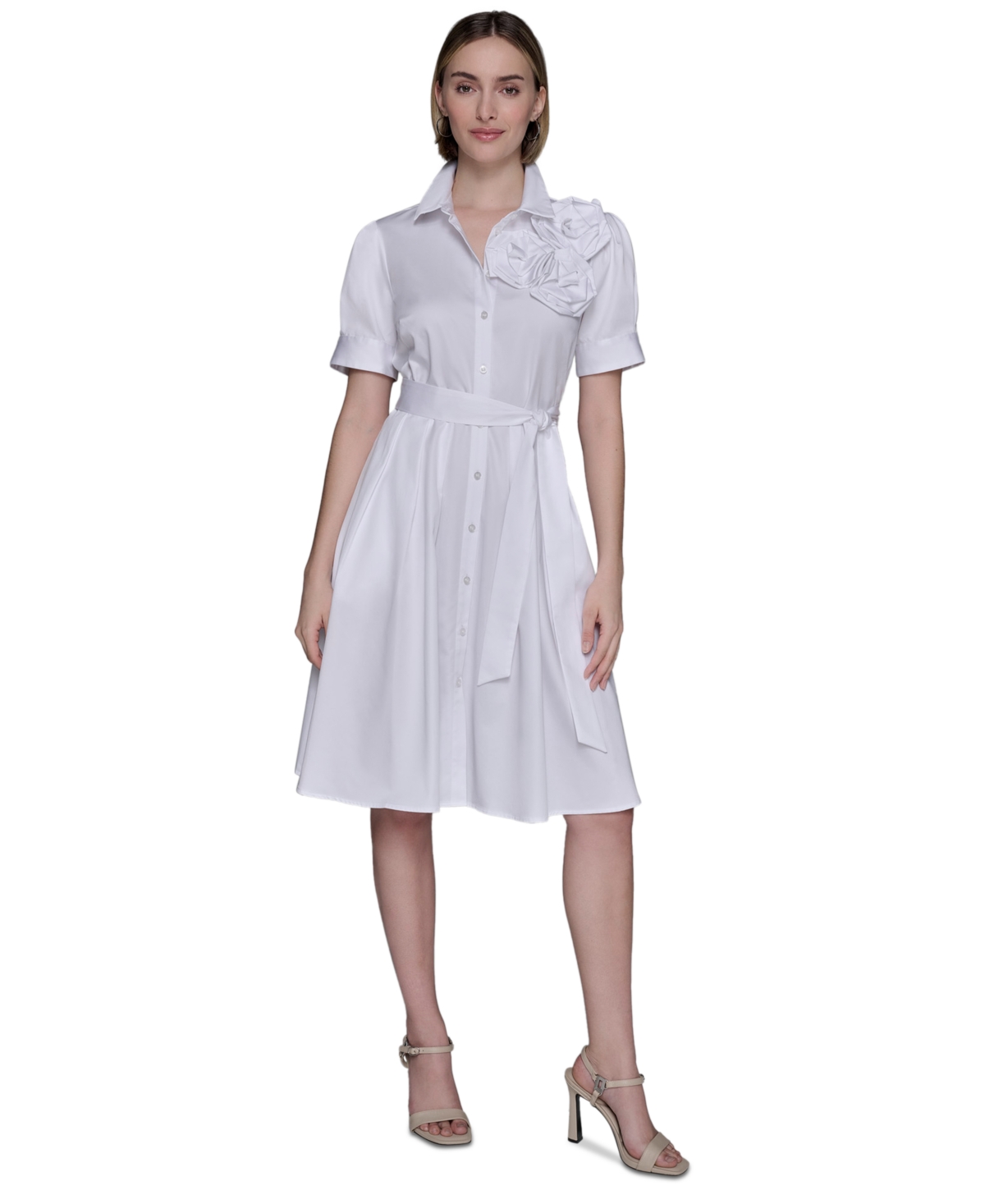 Women's Floral-Applique Cotton Shirtdress - White