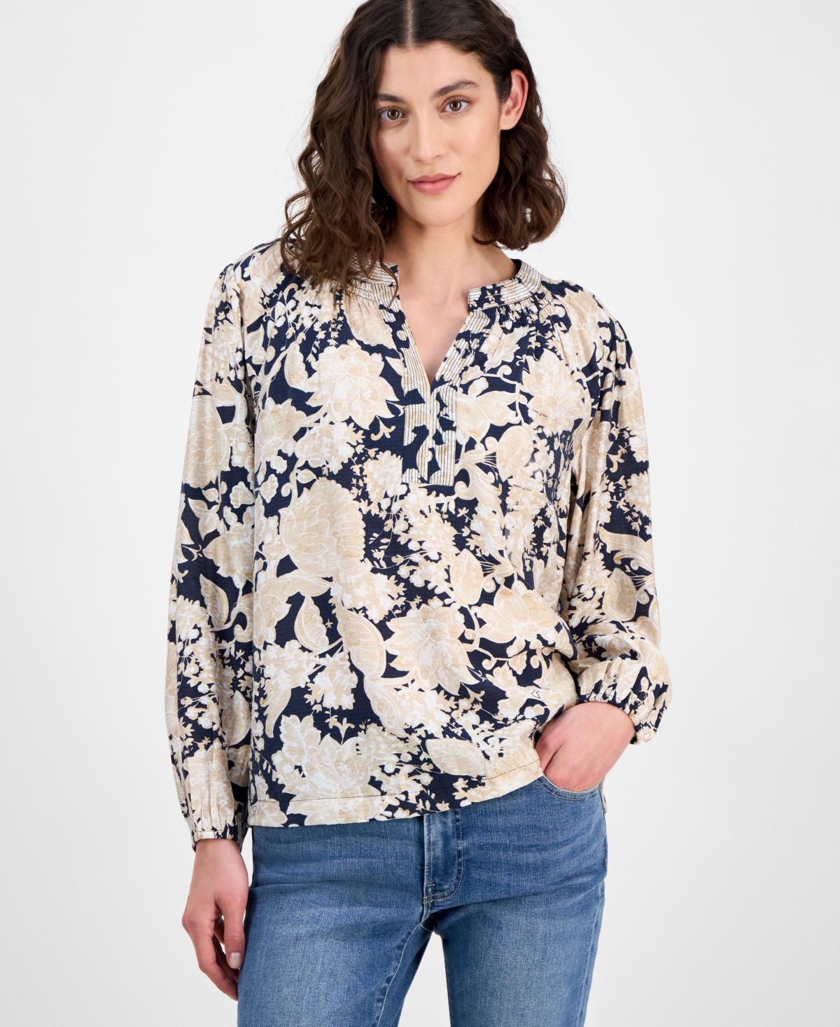 Women's Long Sleeve Floral Tunic Top - Night Sky Multi