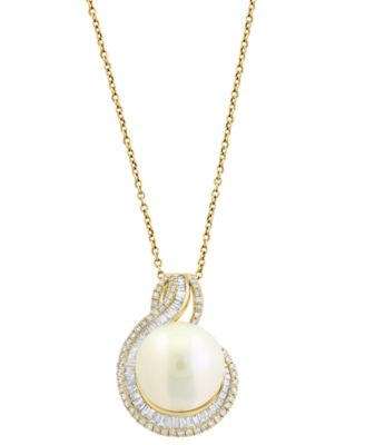 EFFY&reg; Cultured Freshwater Pearl (12mm) & Diamond (1/2 ct. t.w.) Swirl Pendant Necklace in 14k Yellow Gold, 17" + 1" extender
