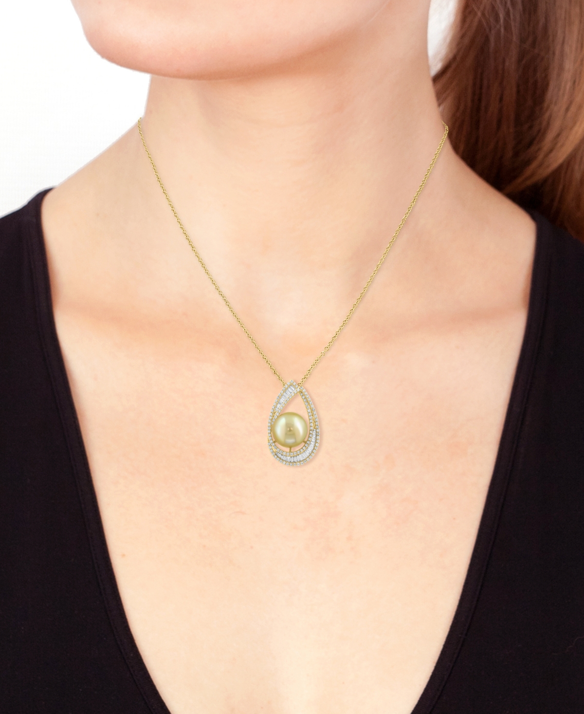 Effy Collection Effy Cultured Golden South Sea Pearl (10mm) & Diamond (1-1/4 Ct. T.w.) Pendant Necklace In 14k Yello In Gold