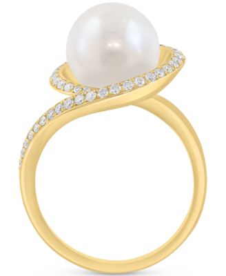 EFFY&reg; Cultured Freshwater Pearl (10mm) & Diamond (1/4 ct. t.w.) Swirl Statement Ring in 14k Yellow Gold
