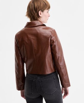 Juniors' Croc-Embossed Faux-Leather Barn Jacket