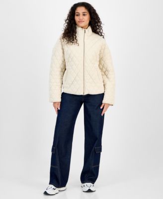 Juniors' Quilted Corduroy Zip-Front Coat