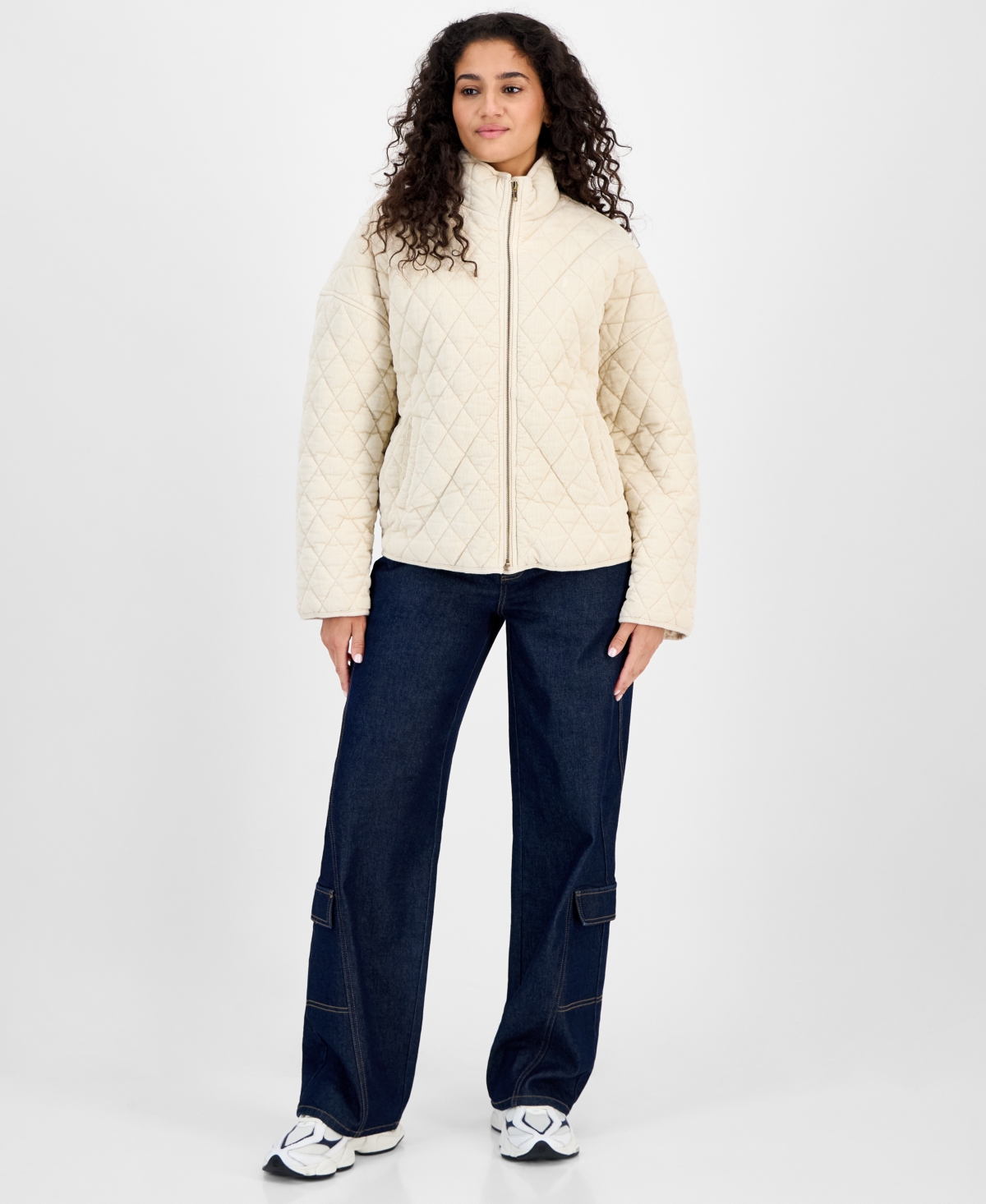 Coffeeshop Juniors' Quilted Corduroy Zip-front Coat In White