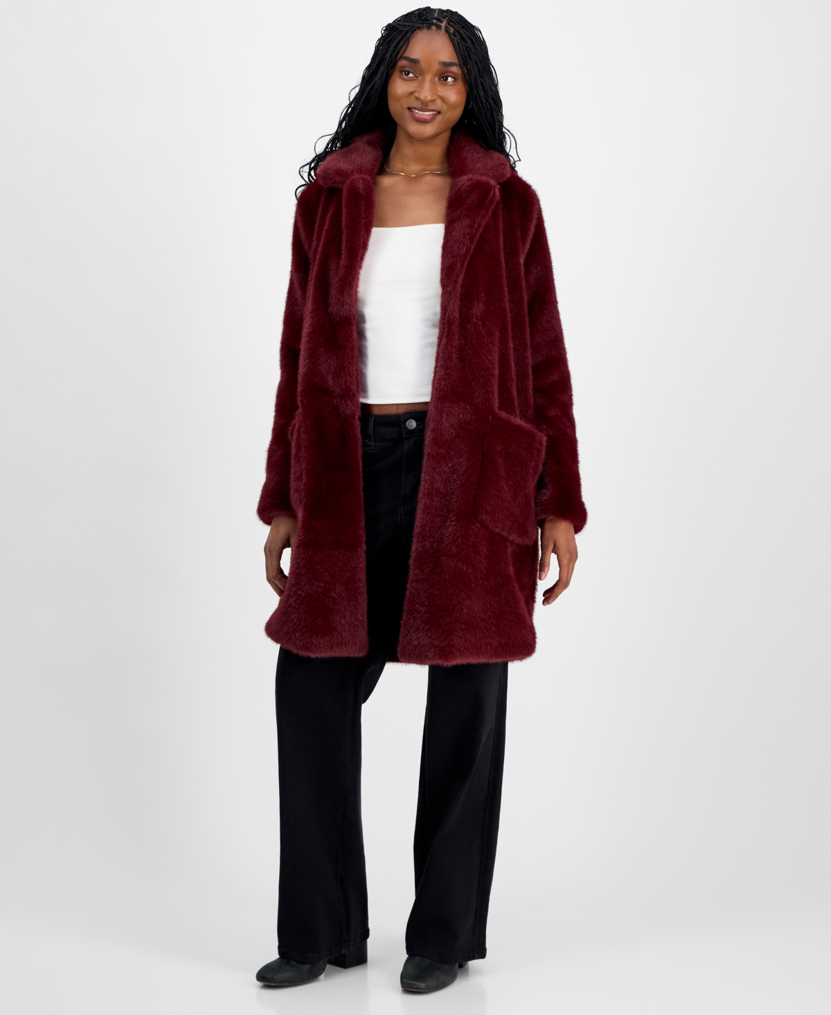 Coffeeshop Juniors' Notched-collar Faux-fur Walker Coat In Burgundy