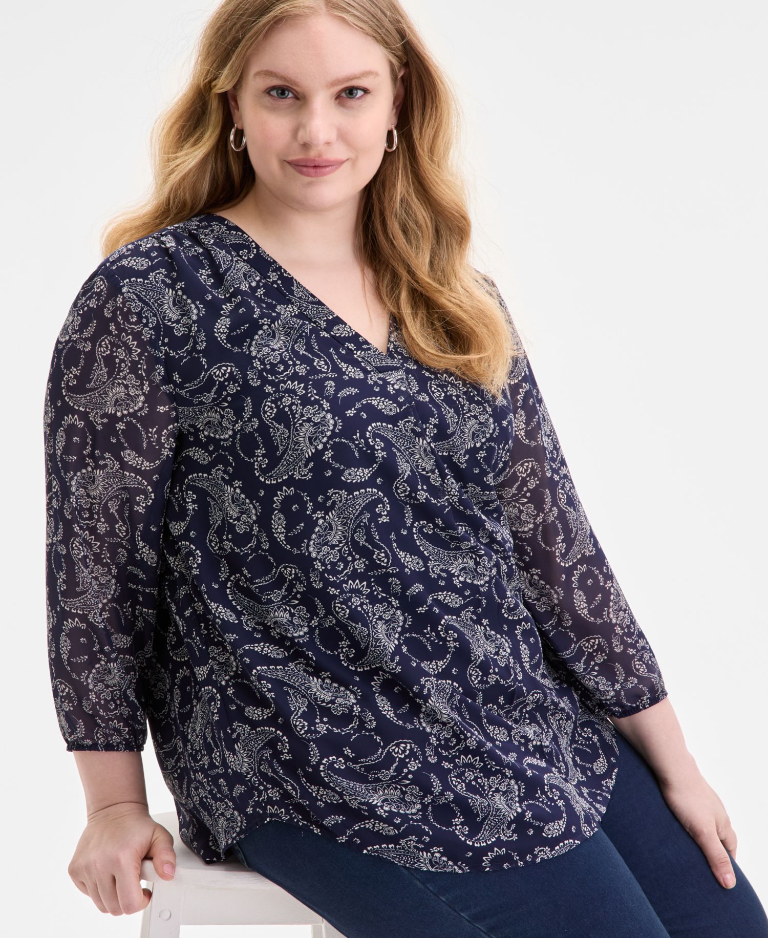 Plus Size Kelly Printed Sheer-Sleeve Pleated Blouse