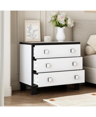 Bedside table with three drawers, side table with square handles, white wooden end table, suitable for bedrooms, living rooms, offices