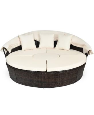 Patio Rattan Daybed Cushioned Sofa Adjustable Table Top Canopy 3 Pillows