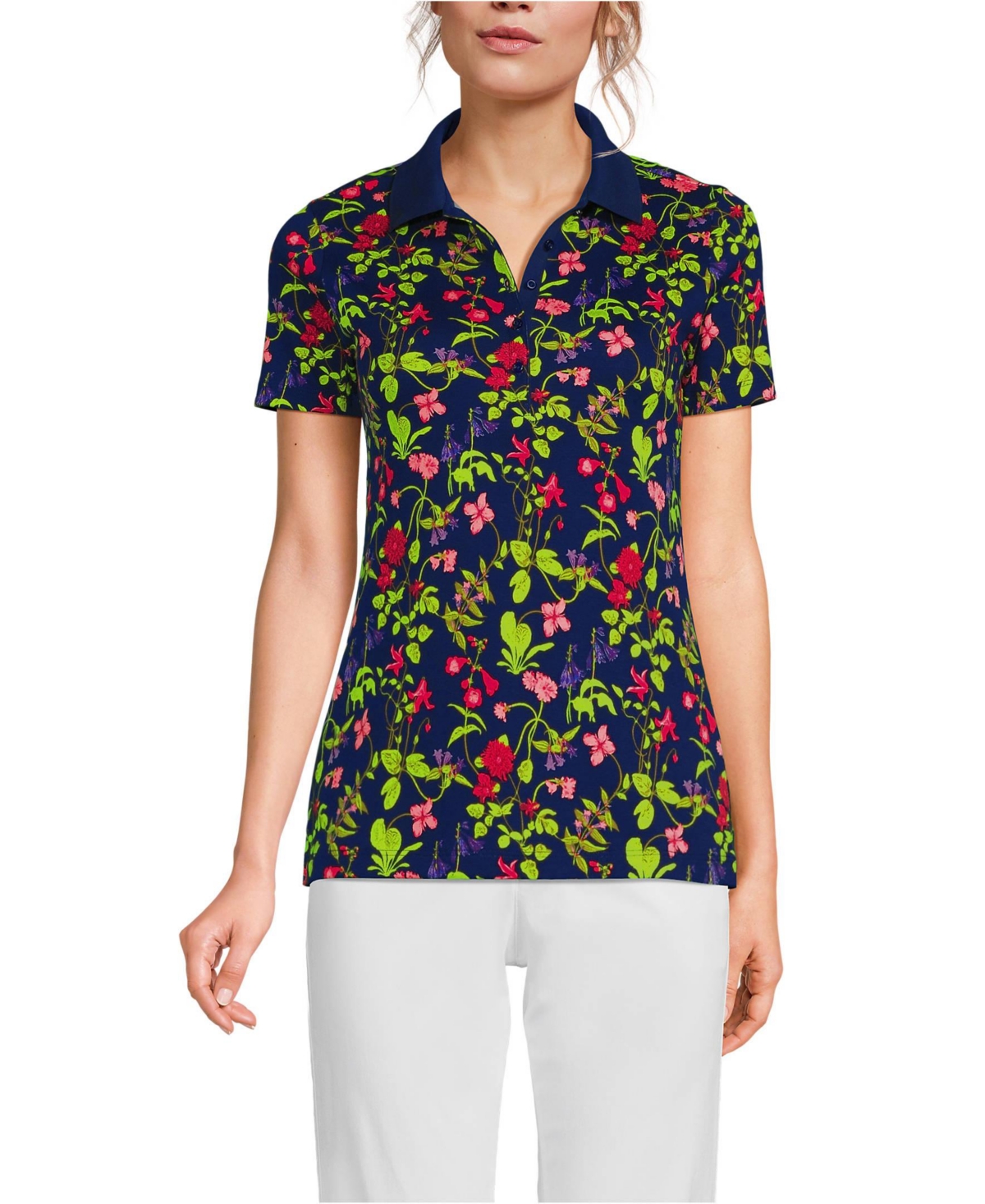 Women's Supima Cotton Polo Shirt - Black plumeria