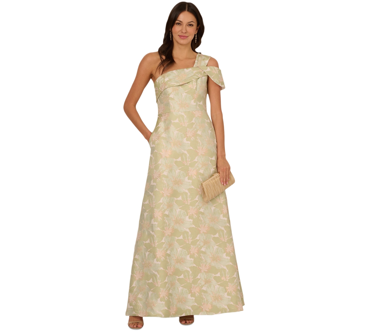 Women's One-Shoulder Floral-Jacquard Gown - Sage Multi