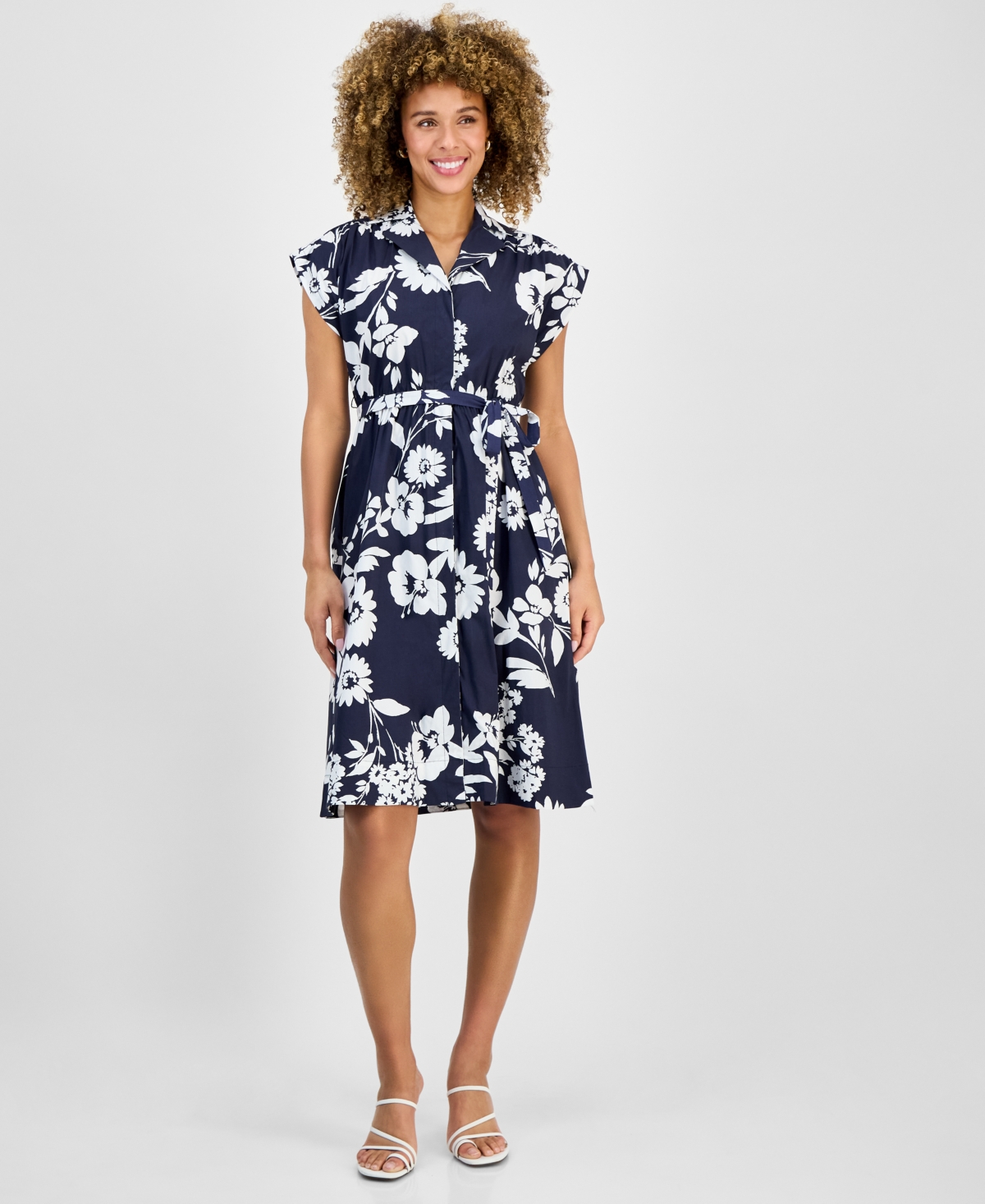 Petite Cap-Sleeve Belted Shirtdress - Navy White