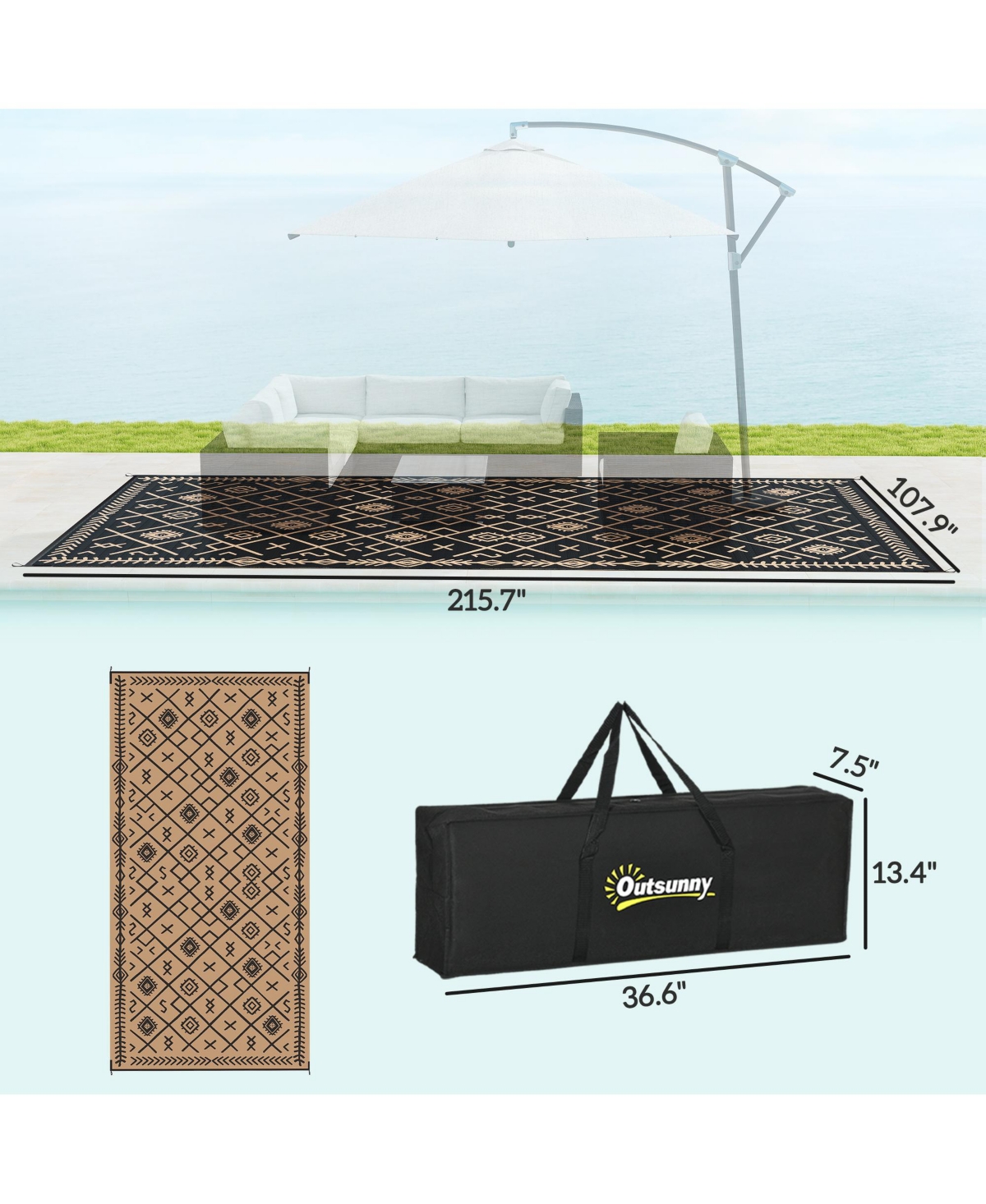 Outdoor Rug, 9' x 18' Floor Mat, Rhombus - Black and brown rhombus