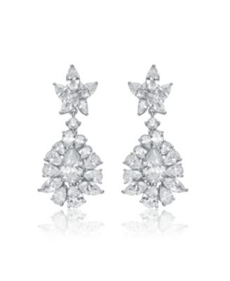 White Gold Plated Cubic Zirconia Snowflake Cluster Dangle Earrings