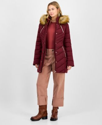Juniors' Faux-Fur Hooded Puffer Coat