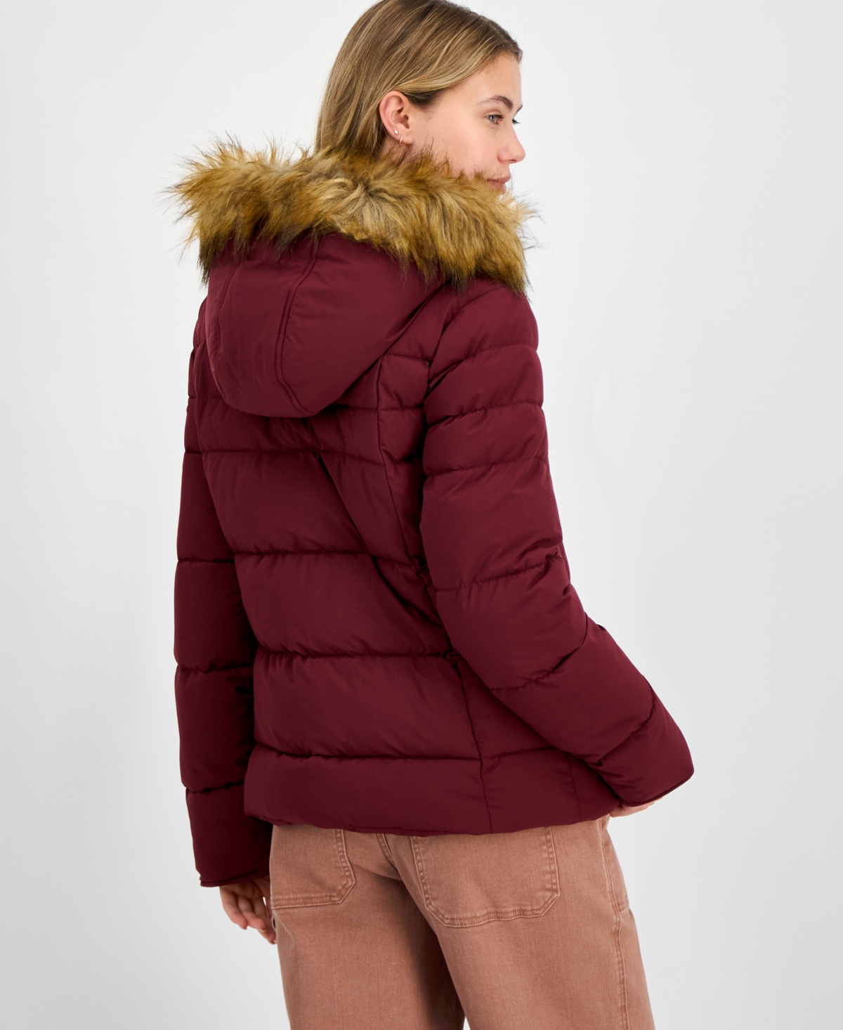 Maralyn & Me Juniors' Faux-fur Hooded Puffer Coat In Burgundy