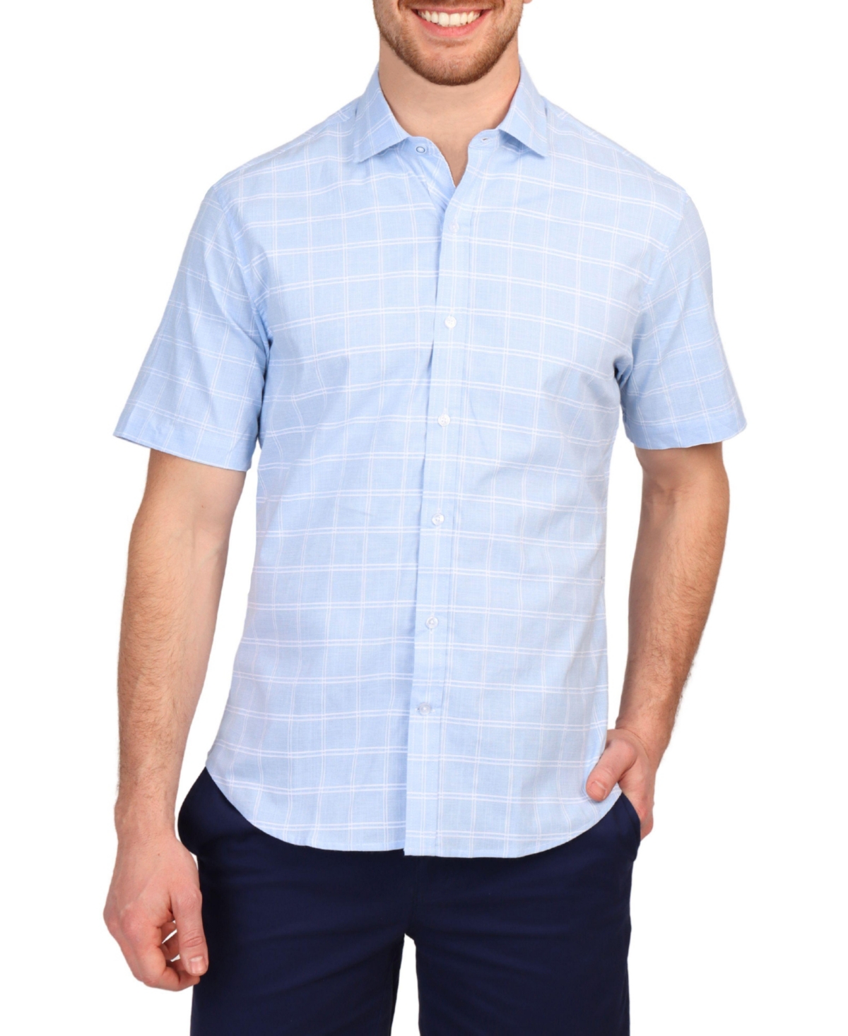 Men's Windowpane Short Sleeve Shirt - Lt blue