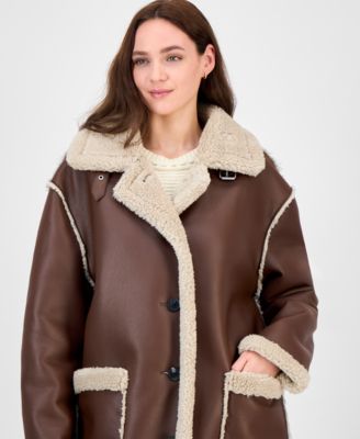 Juniors' Long Faux-Shearling-Trimmed Coat