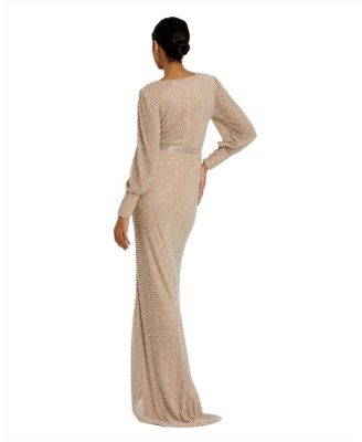 Women's Wrap Over Bishop Sleeve Gown With Pearl Beading